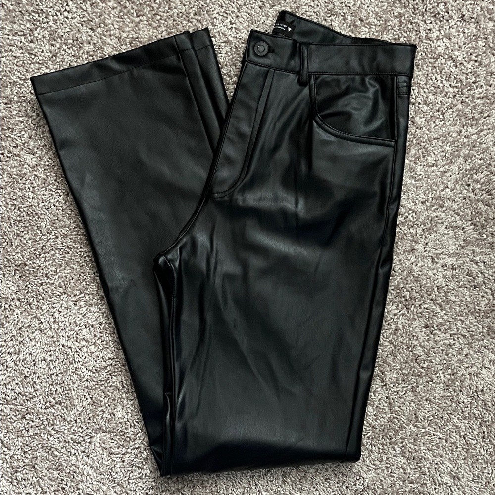 Zara Sleek Black Faux Leather Pants; 32” inseam, 12” rise, straight leg